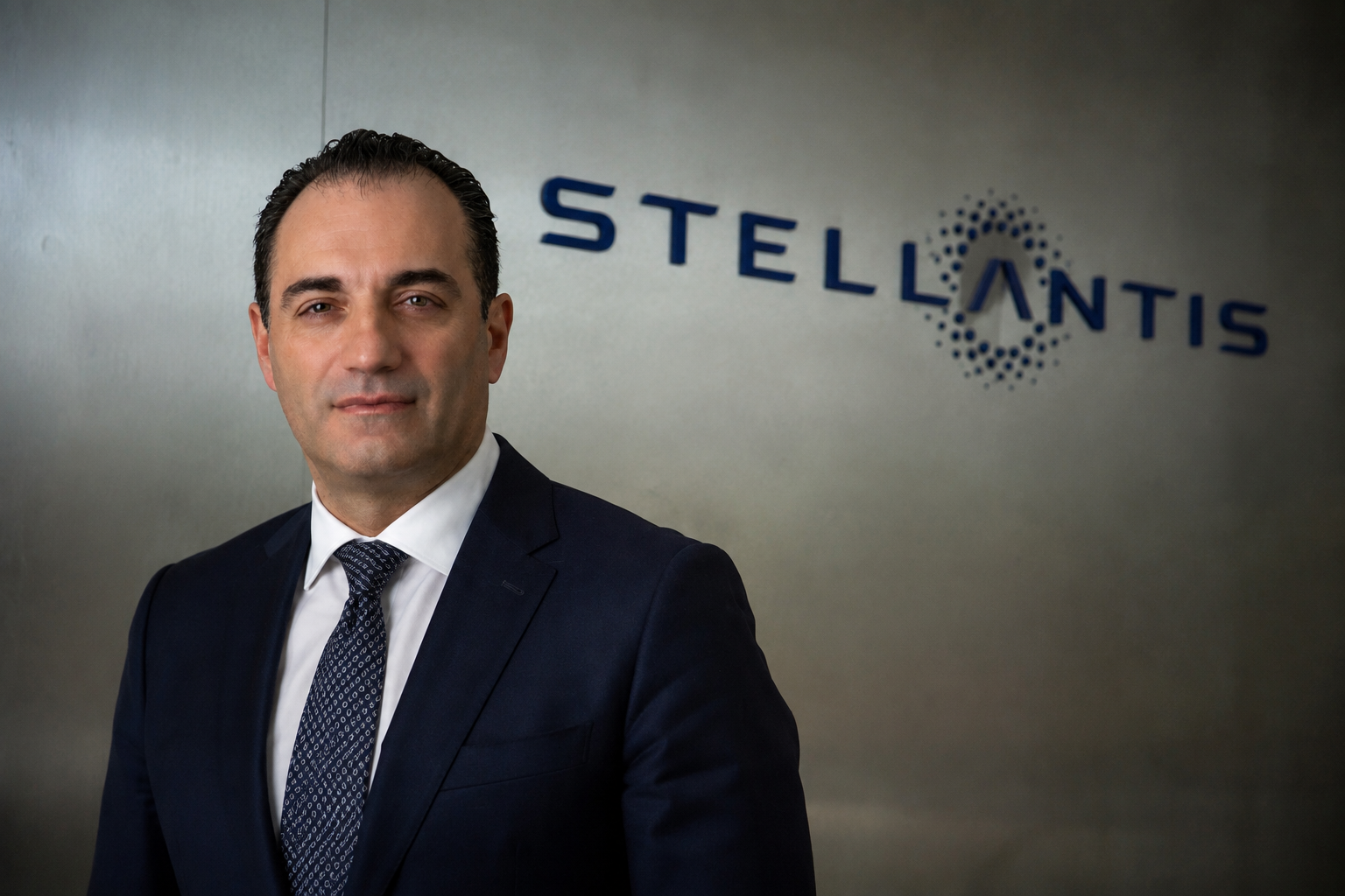 Antonio Filosa, chief executive of Stellantis, standing in front of the Stellantis logo