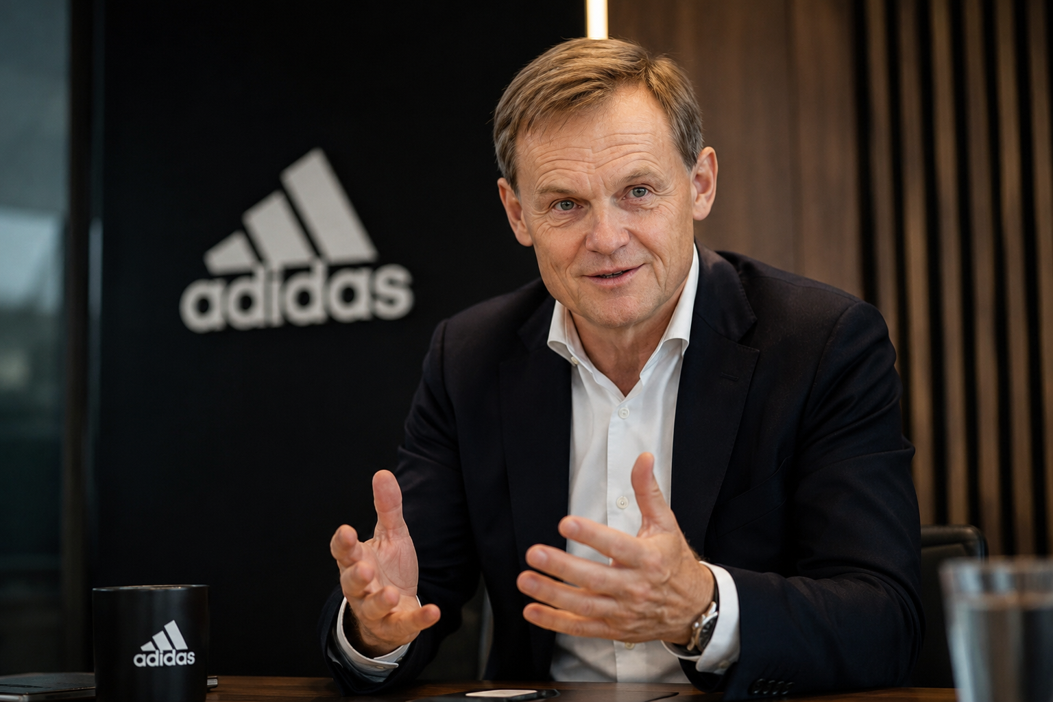 Illustrative image of Adidas CEO Bjørn Gulden discussing the company’s handling of remaining Yeezy inventory.