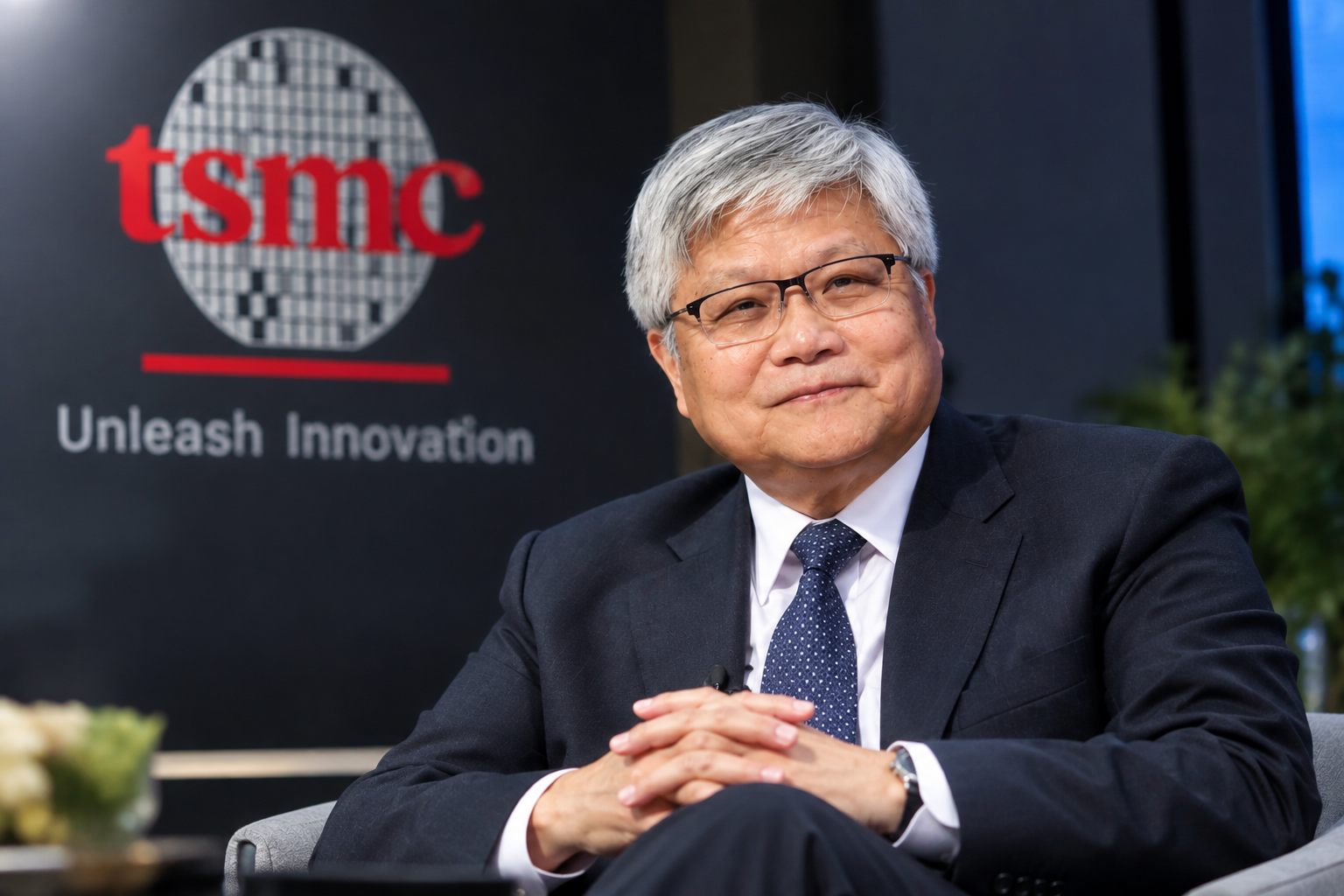 TSMC Chairman and CEO C.C. Wei seated in front of a TSMC branded backdrop reading "Unleash Innovation"