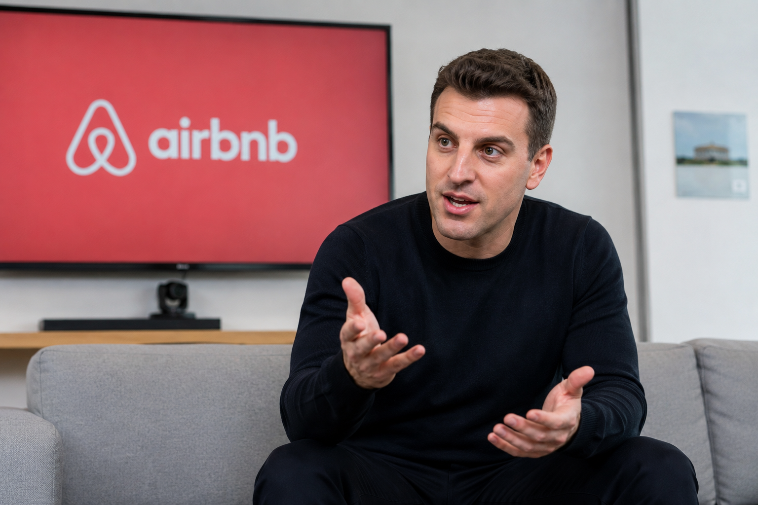 Airbnb CEO Brian Chesky speaking during an interview, with an Airbnb-branded screen in the background