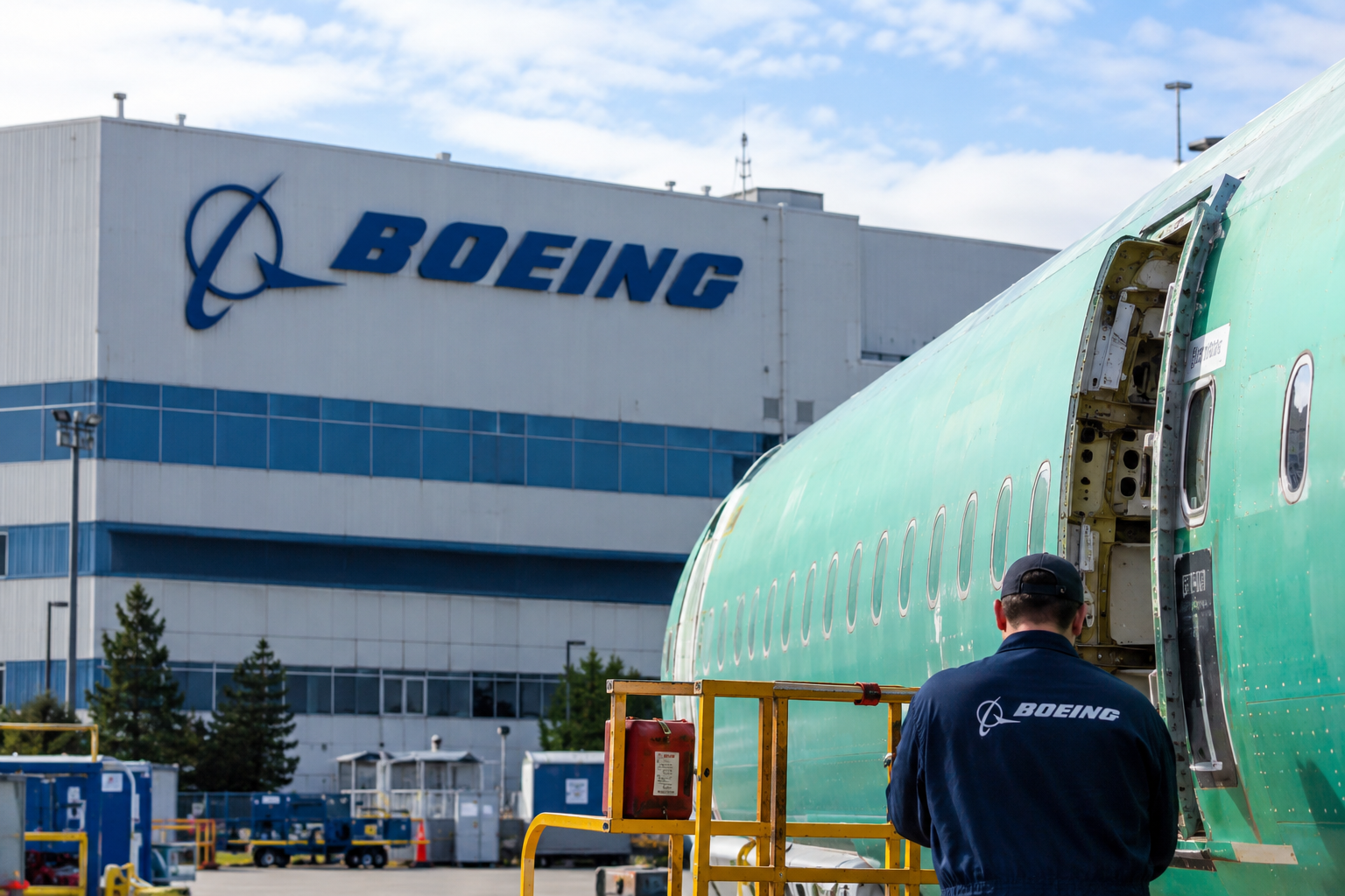 Boeing worker inspecting a 737 fuselage at a Boeing manufacturing facility
