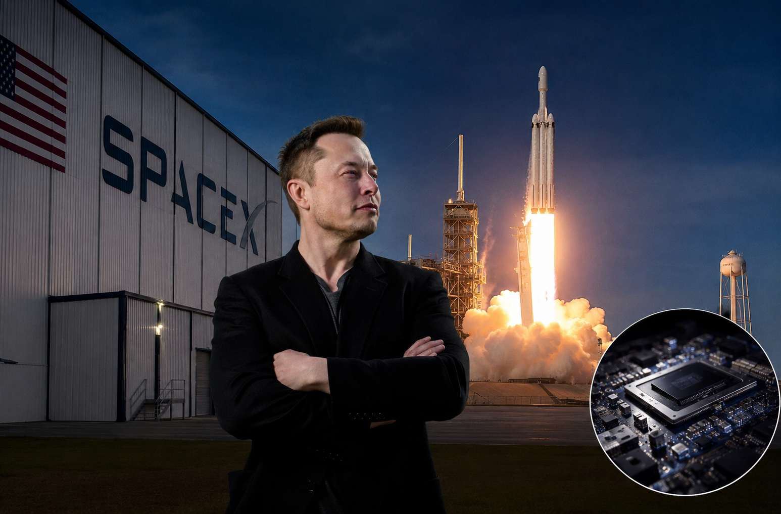 Elon Musk standing in front of a SpaceX rocket launch, with a computer chip inset representing SpaceX's semiconductor strategy