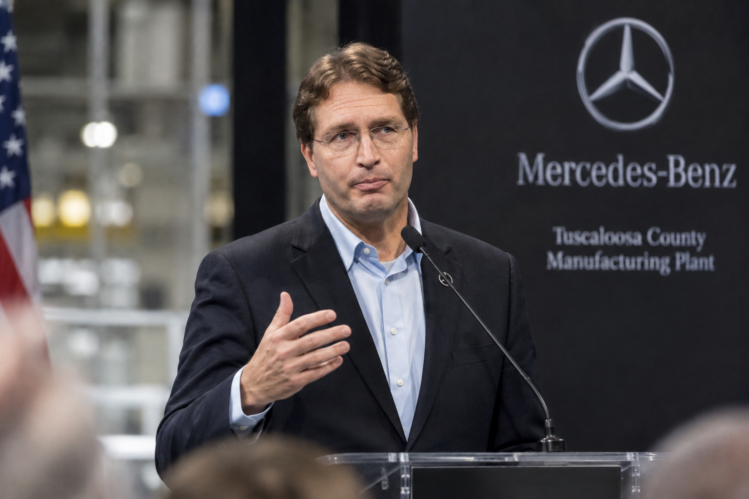 Ola Källenius speaking at the Mercedes-Benz Tuscaloosa plant in Alabama