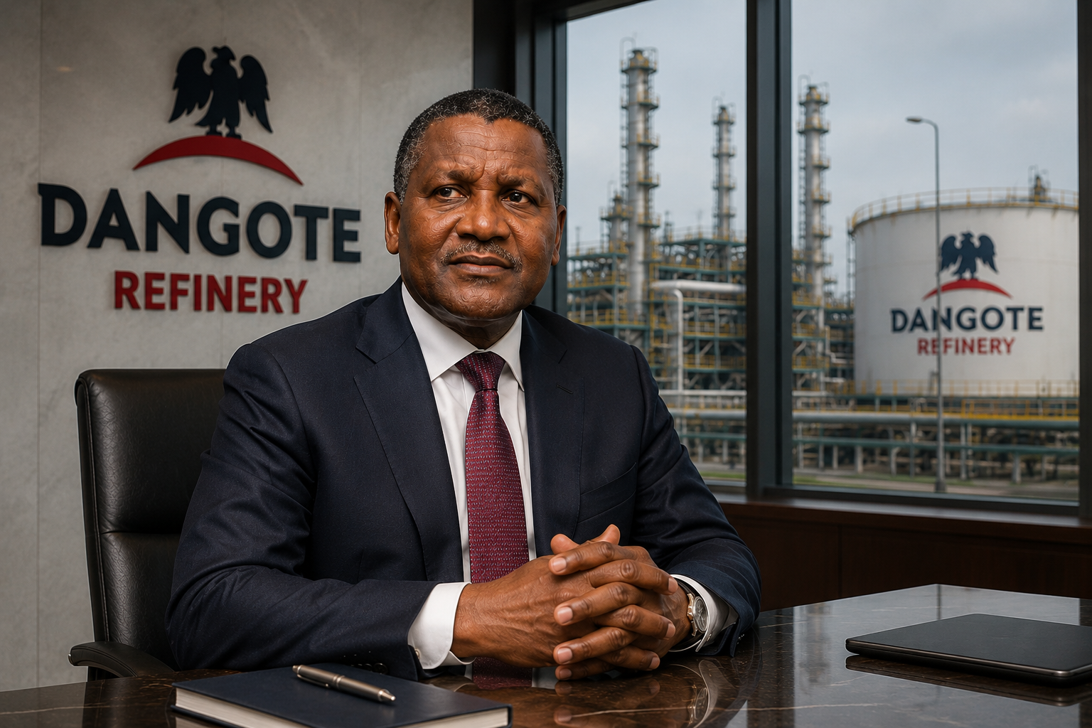 Aliko Dangote seated at a desk with the Dangote Refinery facility visible through the window behind him