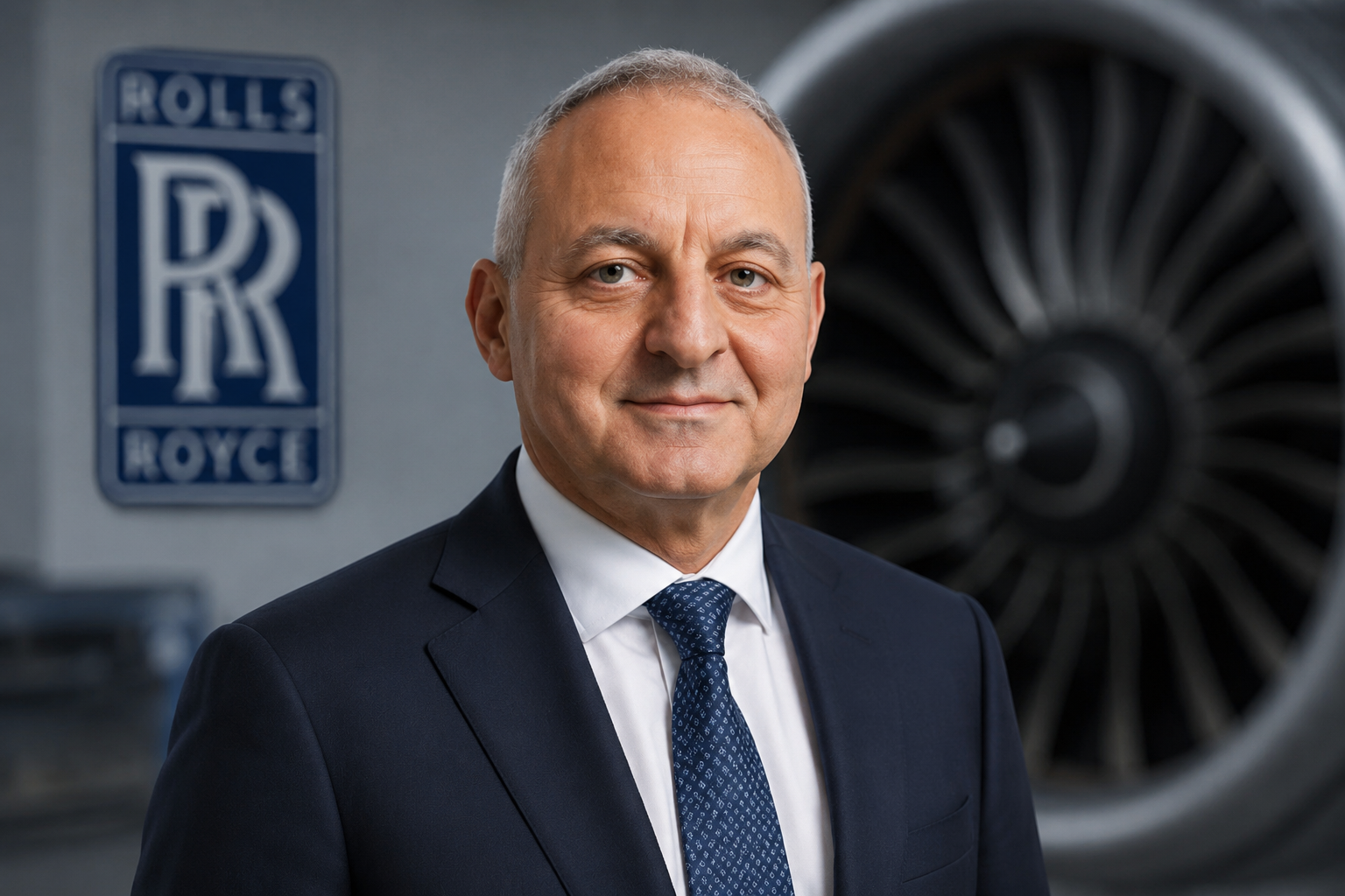 Tufan Erginbilgic, CEO of Rolls-Royce Holdings, photographed in front of a Rolls-Royce jet engine