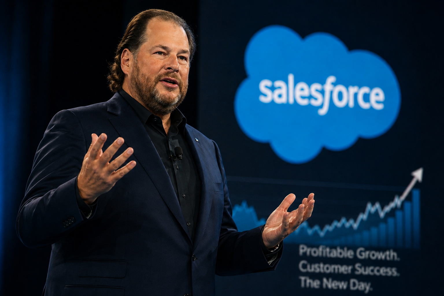 Marc Benioff speaking in front of the Salesforce logo and a rising financial chart, highlighting Salesforce’s profitable growth strategy