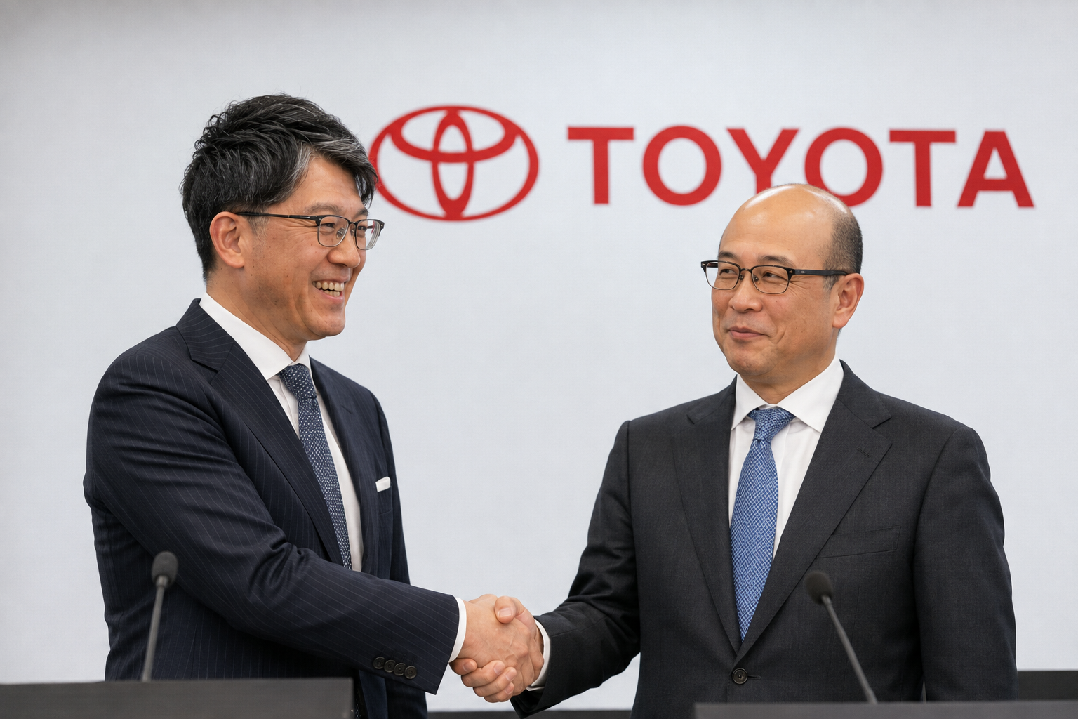 Toyota President and CEO Kenta Kon shakes hands with Vice Chairman and Chief Industry Officer Koji Sato at a Toyota press event