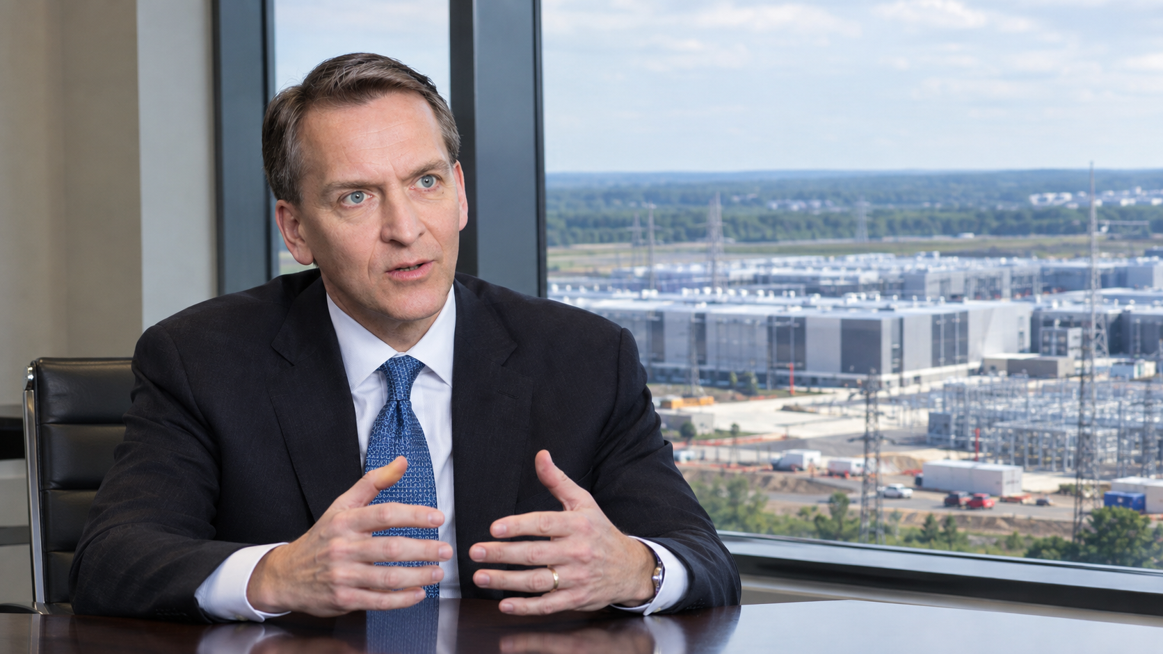 Business executive seated in an office with a large data center campus and power infrastructure visible through the window.