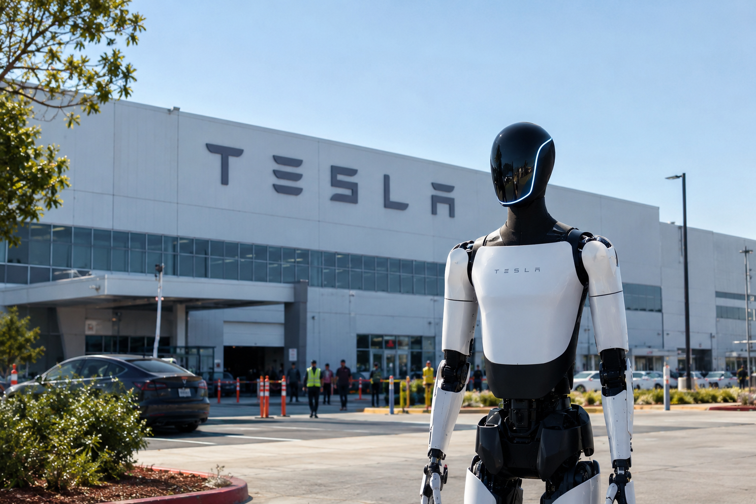 A humanoid robot standing in front of a Tesla factory building.