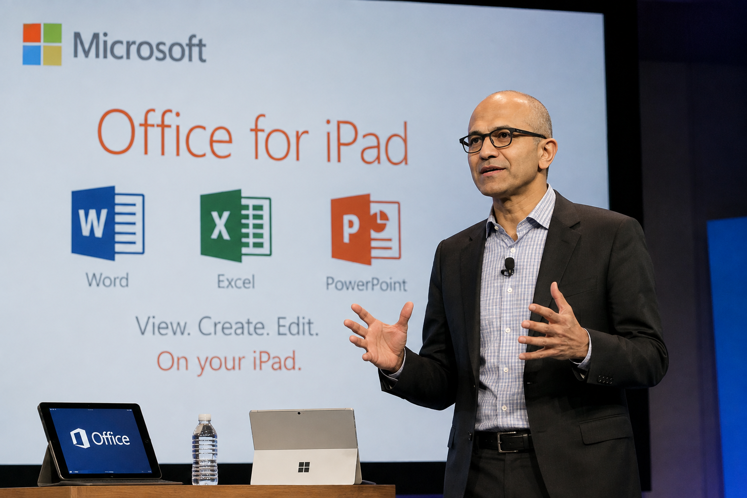 Satya Nadella presenting Microsoft Office for iPad at the 2014 launch event