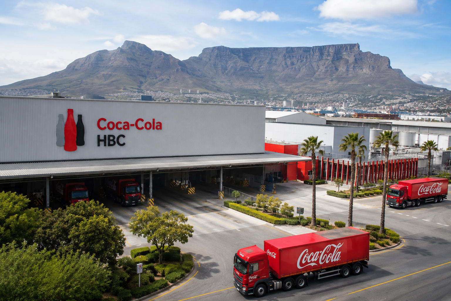 Coca-Cola HBC distribution facility with delivery trucks in Cape Town, South Africa