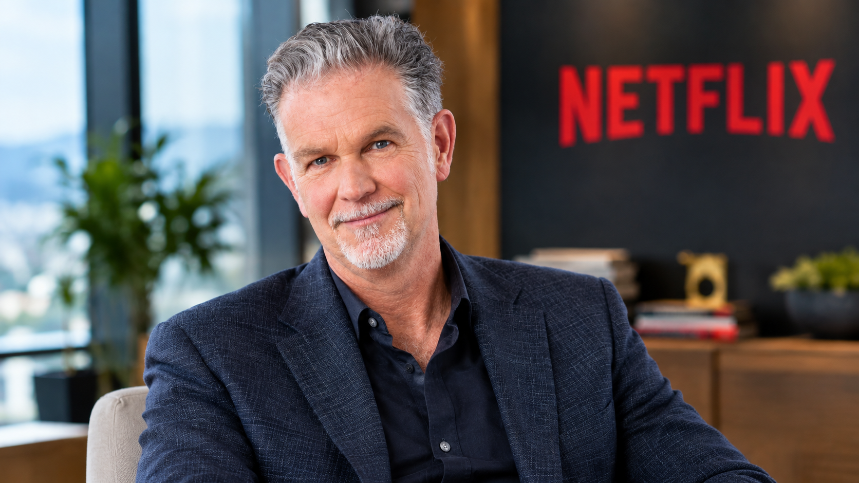 Reed Hastings, Netflix co-founder and former co-CEO, seated in an office with the Netflix logo in the background.