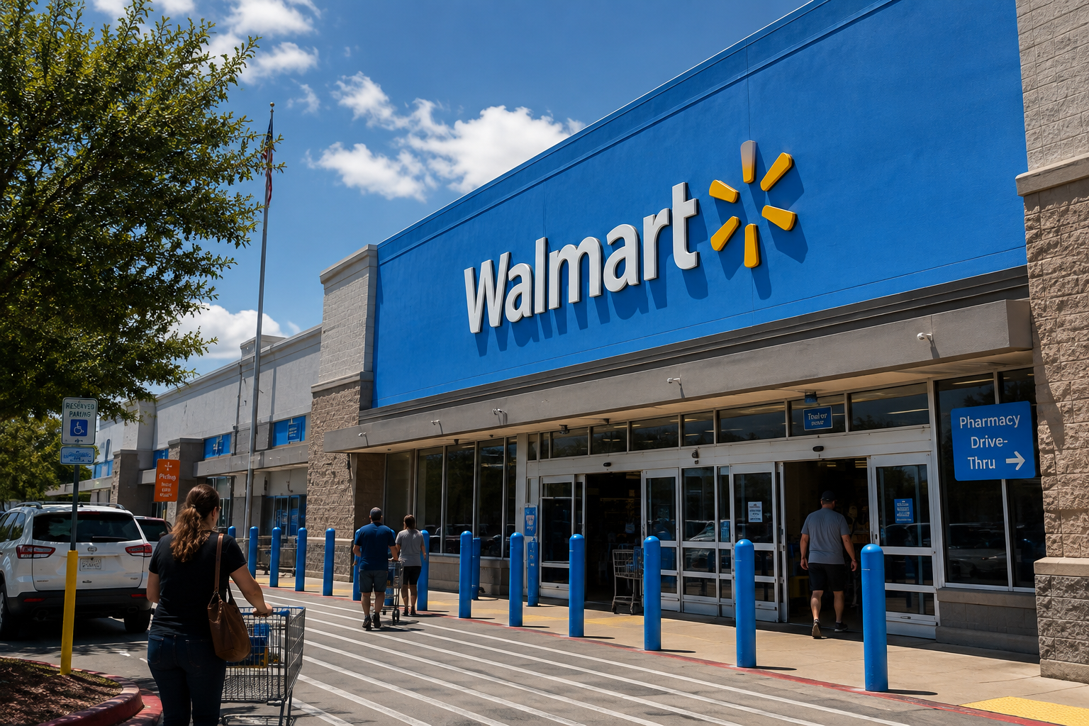 Front entrance of a Walmart store on a sunny day