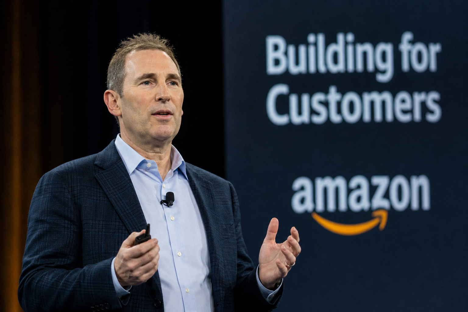 Andy Jassy speaking at an Amazon event about building for customers